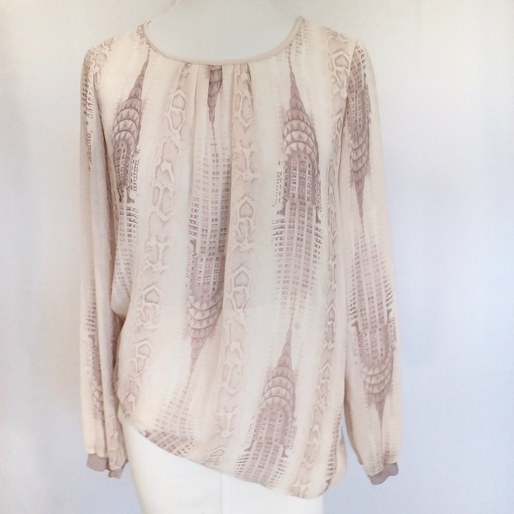 ELIE TAHARI NY Blouse Snake Skin & Chrysler Building Print Chiffon LS XS